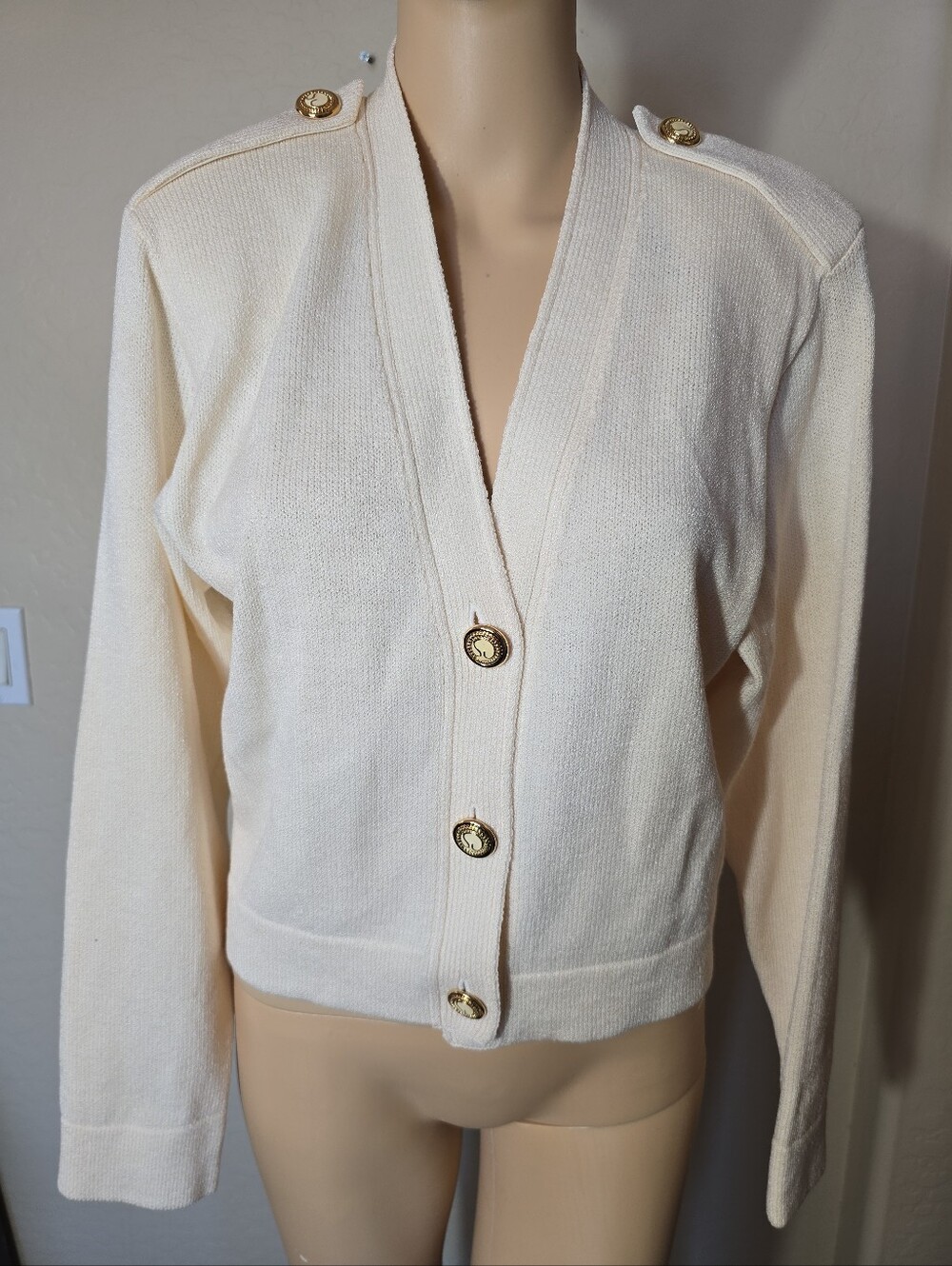 St. John Cream Fine Rib Knit Cardigan with Gold Buttons Accents Size M